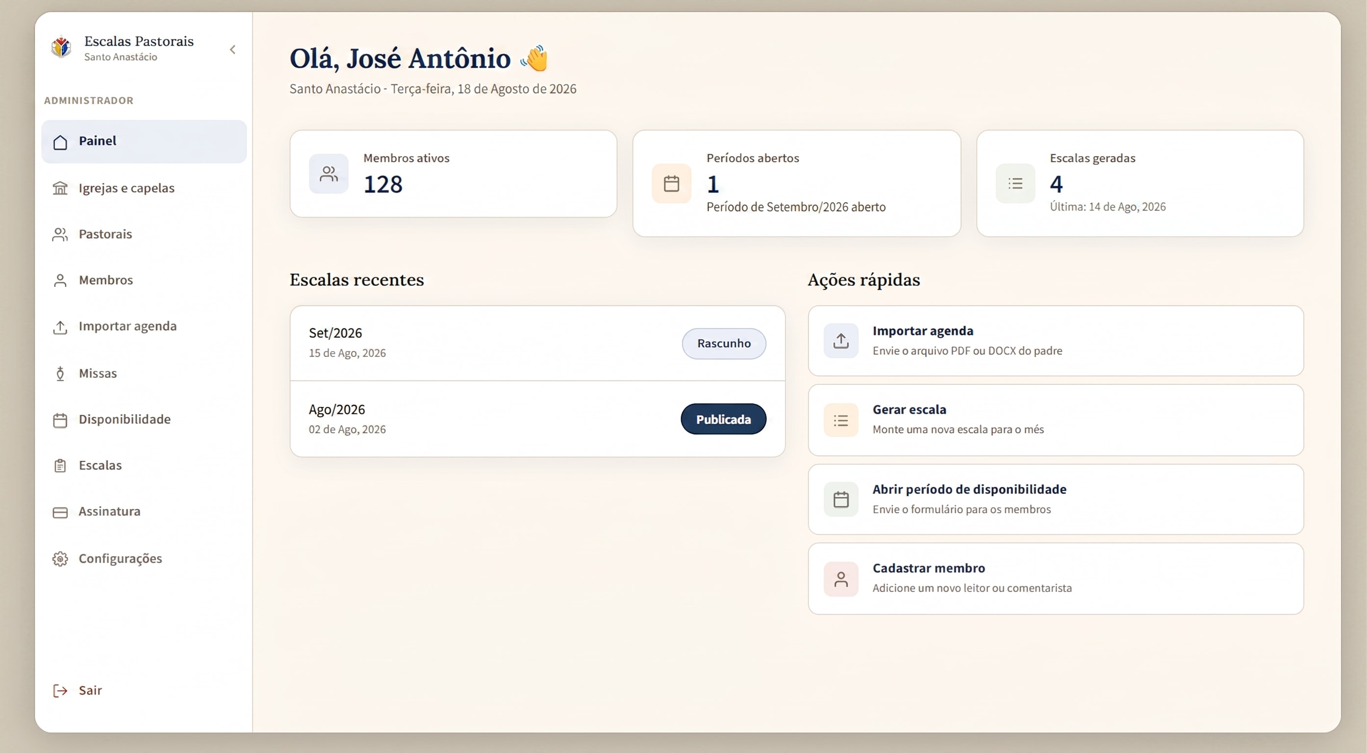 Painel do Vocare Ordo com membros activos, escalas recentes e acções rápidas